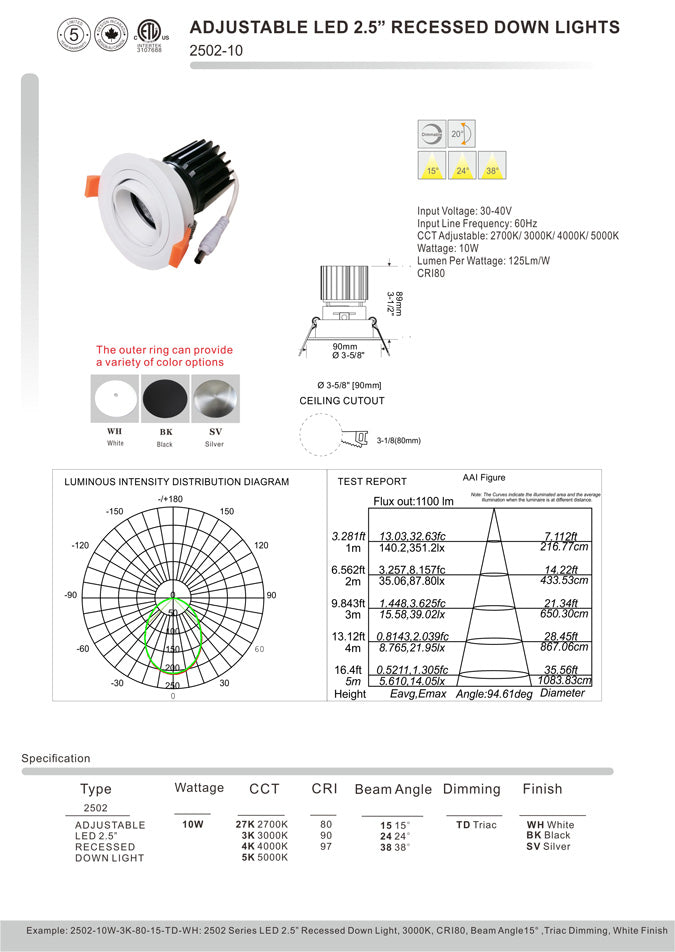 LED 2.5" Recessed Down Light Dimmable 9~11V 5W 10W - 2502-5W/10W