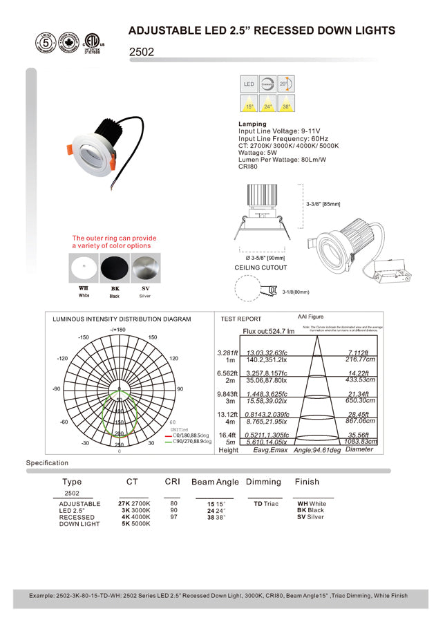 LED 2.5" Recessed Down Light Dimmable 9~11V 5W 10W - 2502-5W/10W