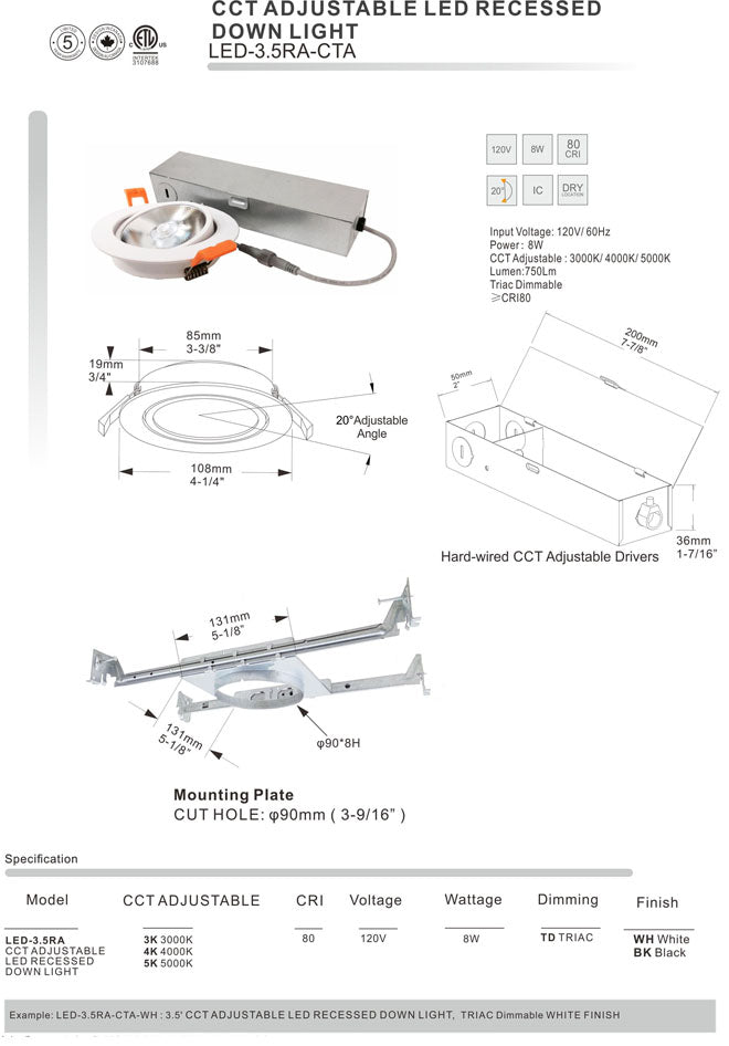 LED 3.5" GIMBAL SLIM RECESSED LIGHT 120V 10W - LED-3.5RA-CTA