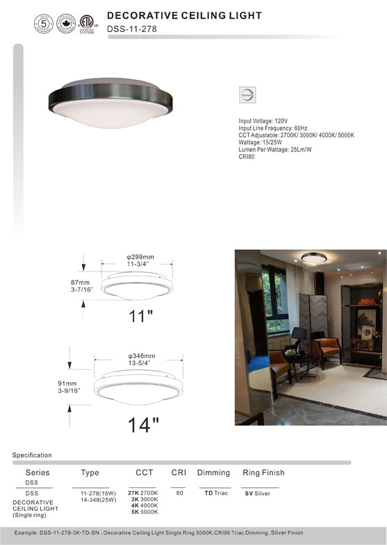 LED Dimmable 11" Decorative Ceiling Light Single Ring 120V 15W DSS-11-278-15W