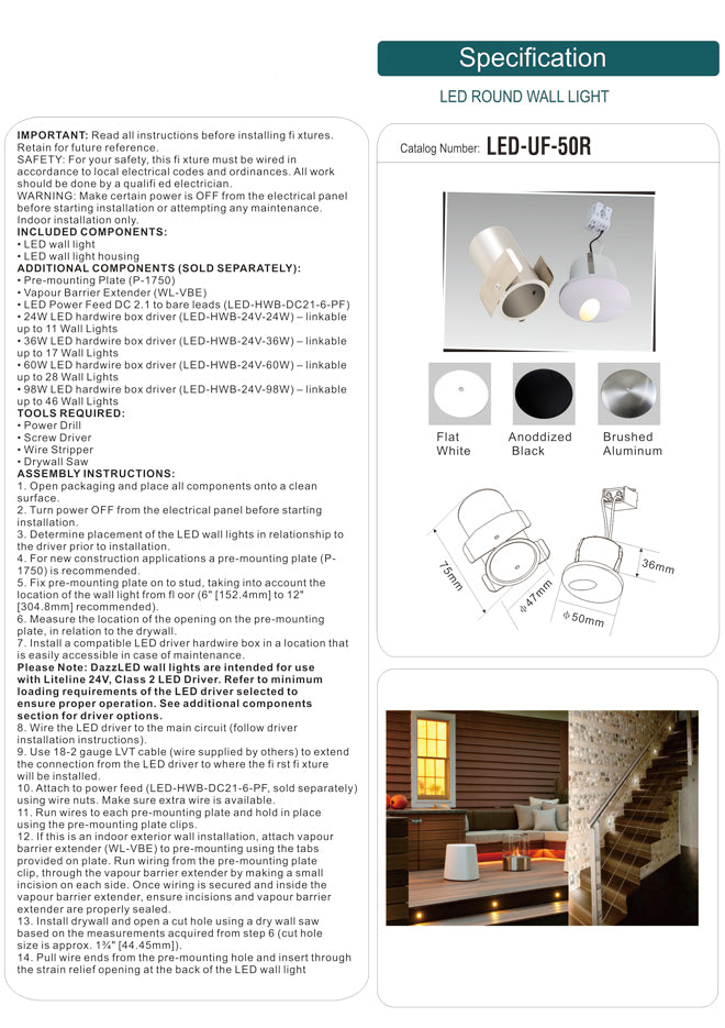 LED Round Wall Light 12V 1.4W LED-UF-50R