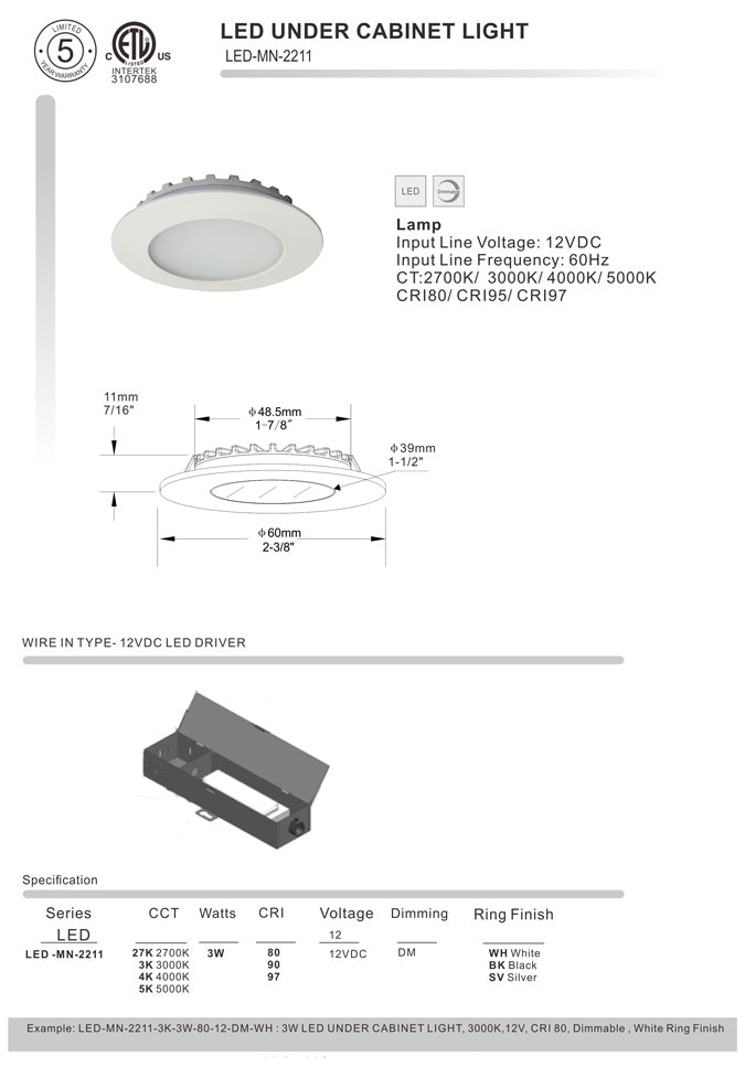 LED 2-3/8" (60mm) Puck Light / Undercabinet Light 12V 3W LED-MN-2211-3W